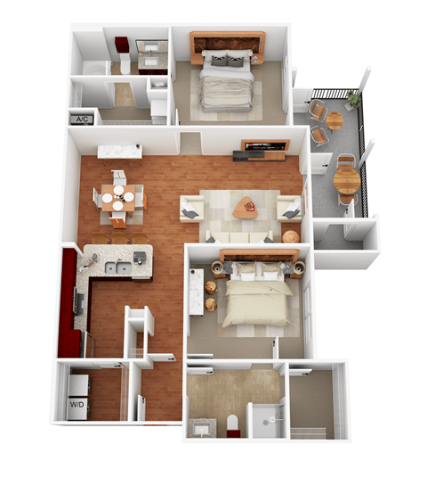 a 3d drawing of a floor plan with bedrooms and a living room